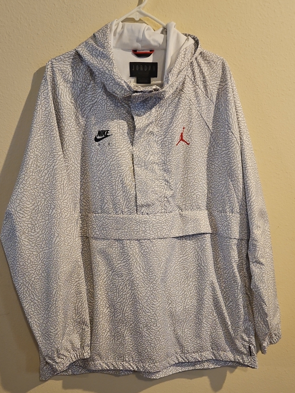 Jordan White and Gray Elephant Print Men's Half Zip Up Hooded Jacket
